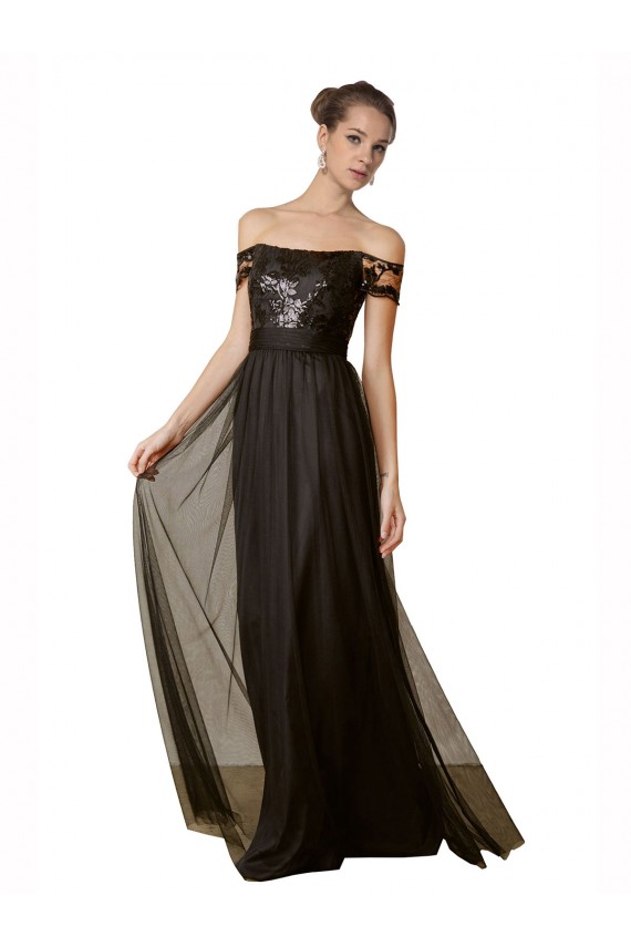Nero Linea A Tulle Paillettes Lunga Abiti da damigella donore Basso Prezzo