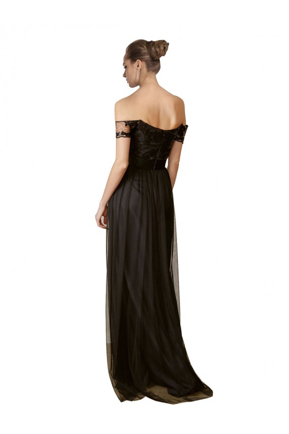 Nero Linea A Tulle Paillettes Lunga Abiti da damigella donore Basso Prezzo