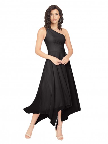 Nero Linea A Una spalla Senza spalline Midi Chiffona Corto Abiti da damigella donore / Abiti da cocktail Basso Prezzo