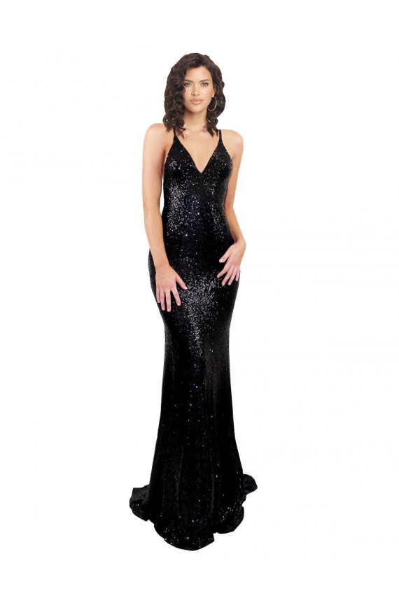 Nero Stile sirena Scollatura a V Paillettes Lunga Formali Abiti da damigella donore / Abiti da sera / Abiti da ballo Basso Prezzo