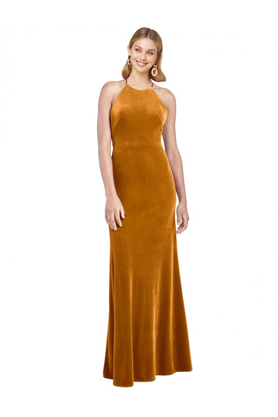 Oro Linea A Capestro Alto Collo Velluto Elastico Lunga Formali Abiti da damigella donore / Abiti da sera / Abiti da ballo Basso Prezzo