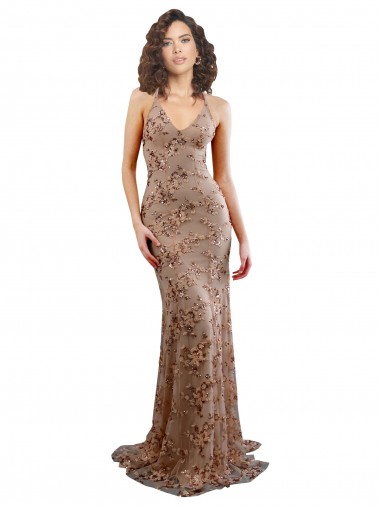 Oro rosa Stile sirena Alto Collo Crespo Elastico Paillettes Tulle Lunga Formali Abiti da damigella donore / Abiti da sera / Abiti da ballo Basso Prezzo