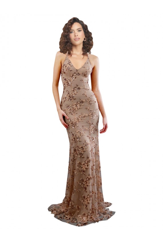 Oro rosa Stile sirena Alto Collo Crespo Elastico Paillettes Tulle Lunga Formali Abiti da damigella donore / Abiti da sera / Abiti da ballo Basso Prezzo