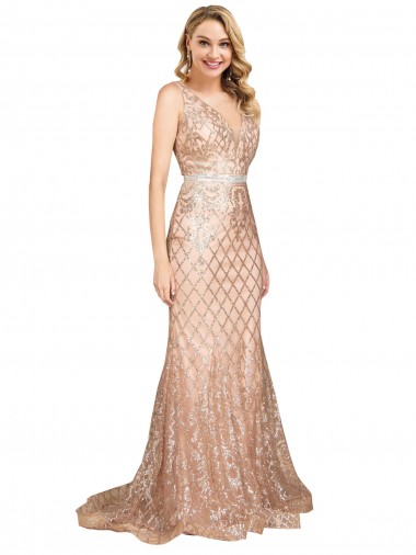 Oro rosa Stile sirena Scollatura a V Paillettes Paillettes Scintillanti Lunga Formali Abiti da damigella donore / Abiti da sera / Abiti da ballo Basso Prezzo