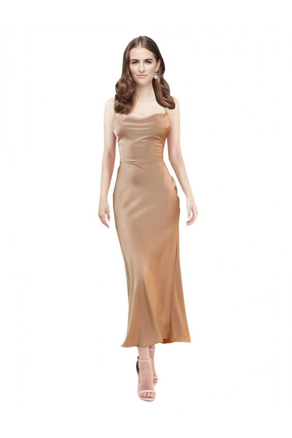 Oro rosa Tubino Cappuccio Midi Raso Setoso Corto Abiti da damigella donore / Abiti da sera / Abiti da cocktail Basso Prezzo