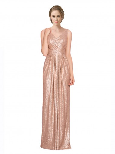 Oro rosa Tubino Scollatura a V Paillettes Lunga Formali Abiti da damigella donore / Abiti da sera / Abiti da ballo Basso Prezzo