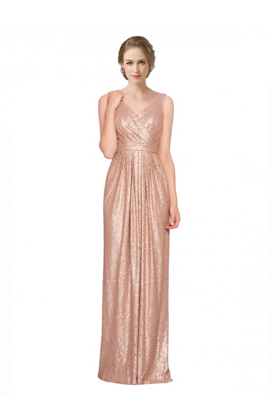 Oro rosa Tubino Scollatura a V Paillettes Lunga Formali Abiti da damigella donore / Abiti da sera / Abiti da ballo Basso Prezzo