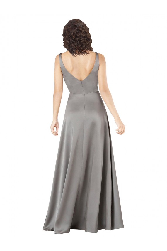 Pearl Grey Linea A Scollatura a V Raso Setoso Lunga Formali Abiti da damigella donore / Abiti da sera / Abiti da ballo Basso Prezzo