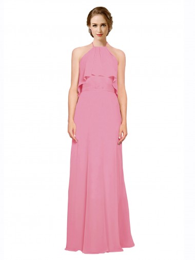 Pelle rosa Linea A Capestro Alto Collo Chiffona Lunga Abiti da damigella donore Basso Prezzo
