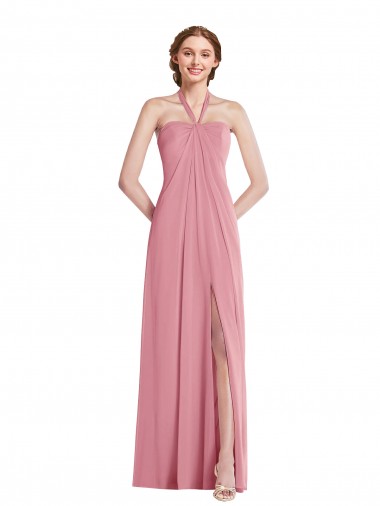 Pelle rosa Linea A Capestro Chiffona Lunga Abiti da damigella donore Basso Prezzo
