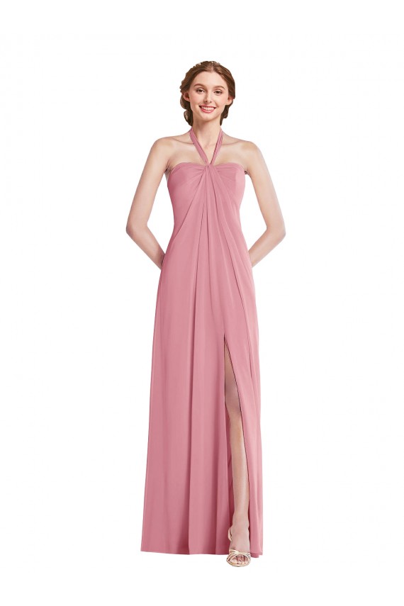 Pelle rosa Linea A Capestro Chiffona Lunga Abiti da damigella donore Basso Prezzo