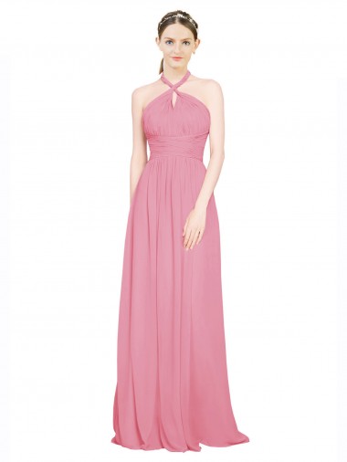 Pelle rosa Linea A Capestro Scollatura a V Chiffona Lunga Abiti da damigella donore Basso Prezzo
