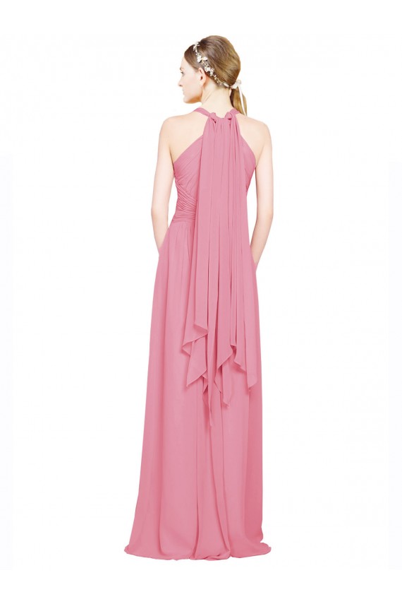 Pelle rosa Linea A Capestro Scollatura a V Chiffona Lunga Abiti da damigella donore Basso Prezzo