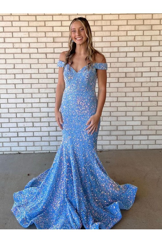 Pervinca Stile sirena Paillettes Velluto Lunga Abiti da ballo Basso Prezzo