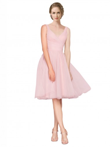 Rosa Linea A Scollatura a V Al ginocchio Tulle Corto Abiti da damigella donore / Abiti da cocktail Basso Prezzo
