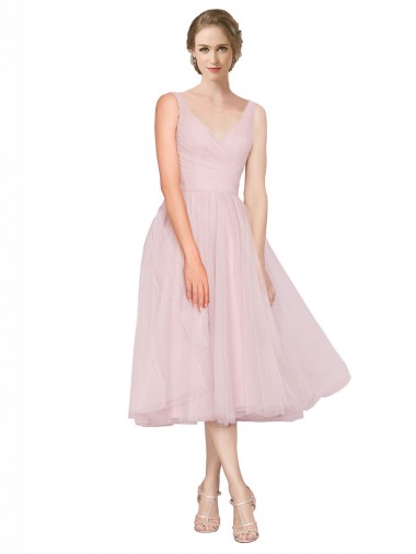 Rosa Linea A Scollatura a V Tulle Corto Abiti da damigella donore / Abiti da cocktail Basso Prezzo