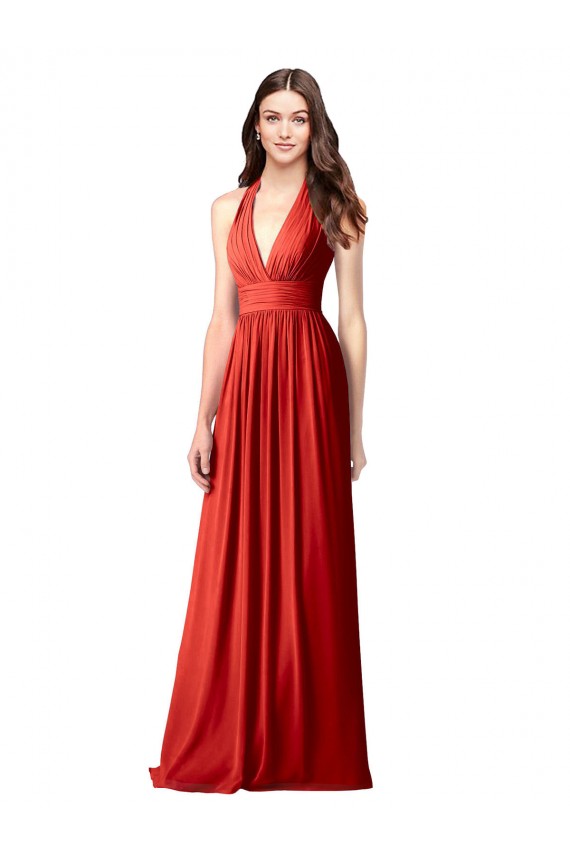 Rosso Linea A Capestro Scollatura a V Chiffona Lunga Abiti da damigella donore Basso Prezzo