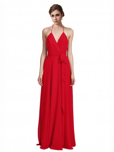 Rosso Linea A Sottili Capestro Scollatura a V Chiffona Lunga Abiti da damigella donore Basso Prezzo