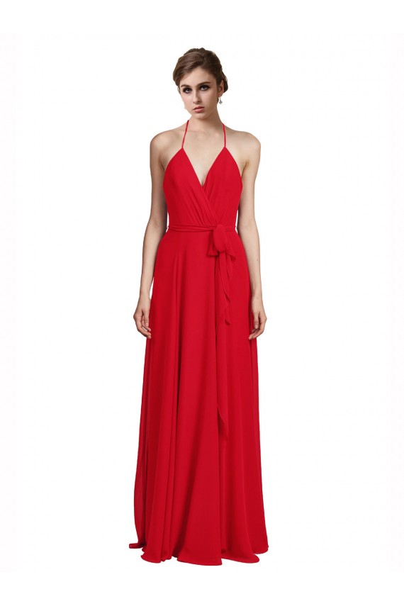 Rosso Linea A Sottili Capestro Scollatura a V Chiffona Lunga Abiti da damigella donore Basso Prezzo