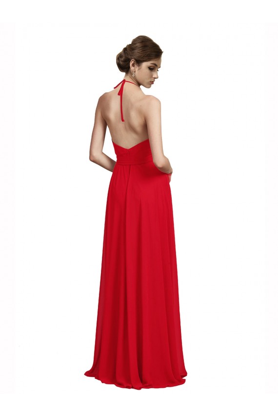 Rosso Linea A Sottili Capestro Scollatura a V Chiffona Lunga Abiti da damigella donore Basso Prezzo