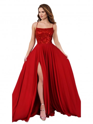 Rosso Linea A Sottili Piazza Spandex Pizzo Lunga Abiti da damigella donore / Abiti da ballo Basso Prezzo