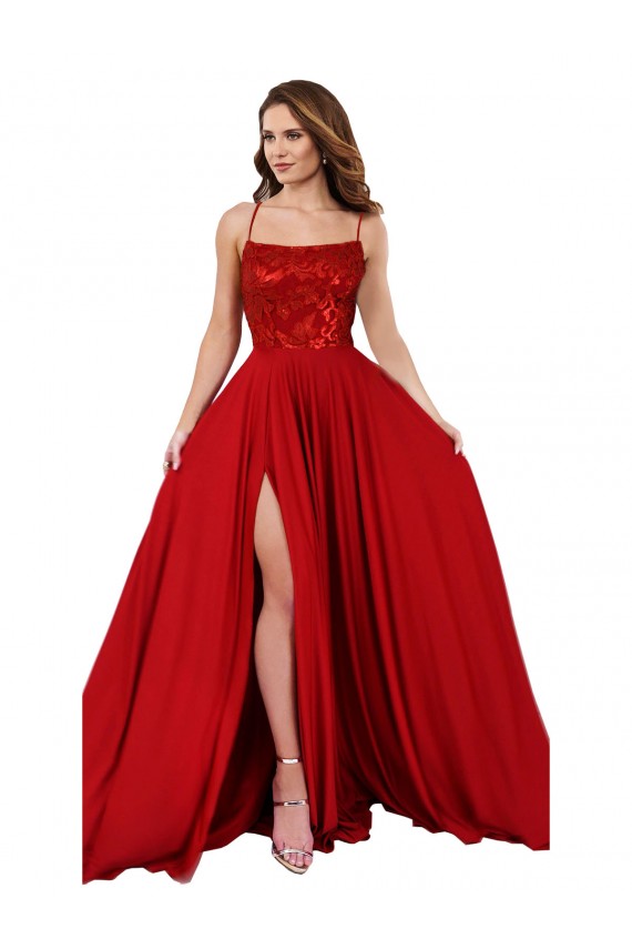 Rosso Linea A Sottili Piazza Spandex Pizzo Lunga Abiti da damigella donore / Abiti da ballo Basso Prezzo