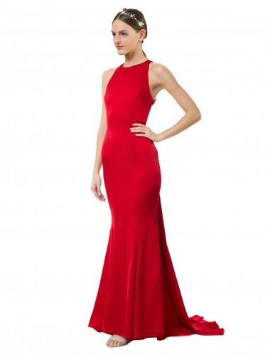 Rosso Stile sirena Capestro Alto Collo Crespo Elastico Lunga Formali Abiti da damigella donore / Abiti da sera / Abiti da ballo Basso Prezzo