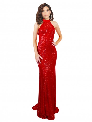 Rosso Stile sirena Capestro Alto Collo Paillettes Lunga Formali Abiti da damigella donore / Abiti da sera / Abiti da ballo Basso Prezzo