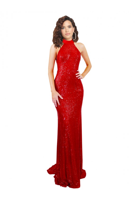 Rosso Stile sirena Capestro Alto Collo Paillettes Lunga Formali Abiti da damigella donore / Abiti da sera / Abiti da ballo Basso Prezzo