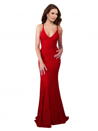 Rosso Stile sirena Scollatura a V Pizzo Lunga Formali Abiti da damigella donore / Abiti da sera / Abiti da ballo Basso Prezzo
