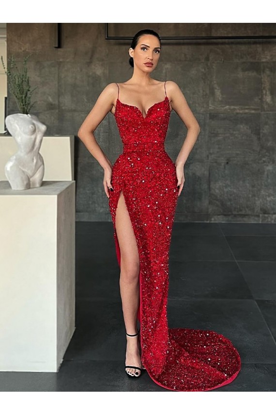 Rosso Tubino Scollatura a V Sweep treno Paillettes Velluto Lunga Abiti da ballo Basso Prezzo