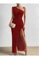 Rosso Tubino Una spalla Paillettes Velluto Lunga Abiti da ballo Basso Prezzo