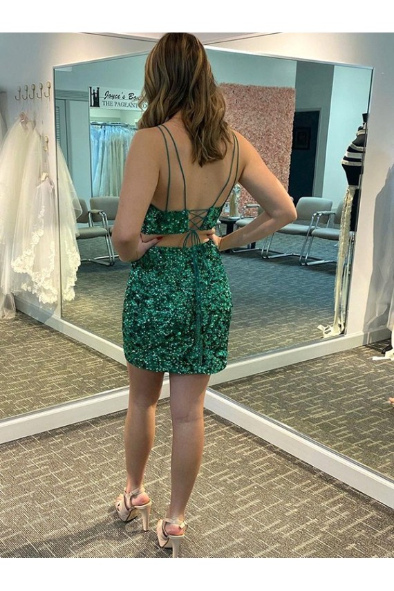 Trifoglio verde Tubino Scollatura a V Corto Paillettes Velluto Corto Abiti da ballo Basso Prezzo