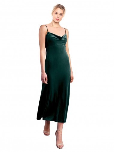 Verde Scuro Linea A Sottili Cappuccio Midi Velluto Elastico Corto Abiti da damigella donore / Abiti da ballo / Abiti da cocktail Basso Prezzo