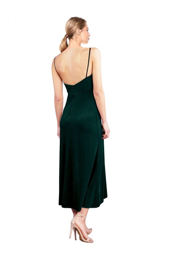 Verde Scuro Linea A Sottili Cappuccio Midi Velluto Elastico Corto Abiti da damigella donore / Abiti da ballo / Abiti da cocktail Basso Prezzo