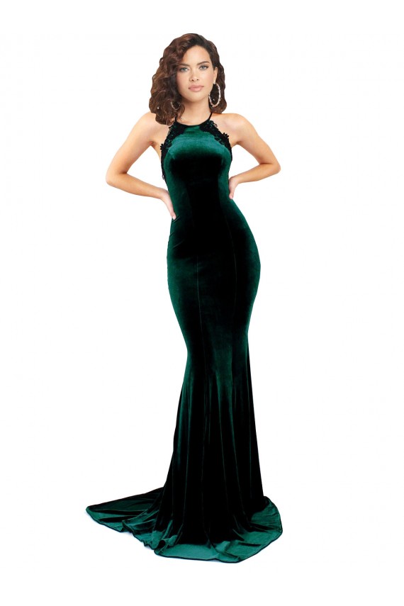 Verde Scuro Stile sirena Alto Collo Sweep treno Velluto Elastico Lunga Formali Abiti da damigella donore / Abiti da sera / Abiti da ballo Basso Prezzo