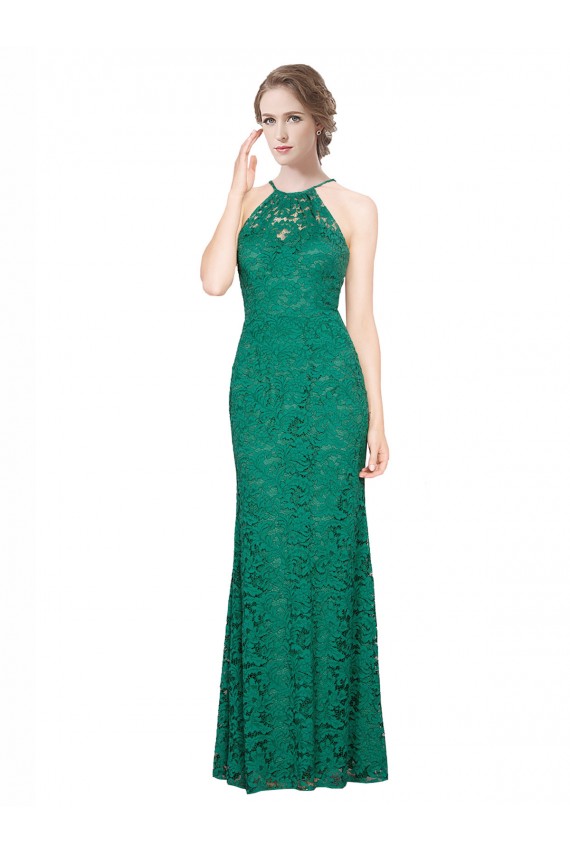 Verde Scuro Stile sirena Capestro Alto Collo Pizzo Lunga Abiti da damigella donore / Abiti da ballo Basso Prezzo