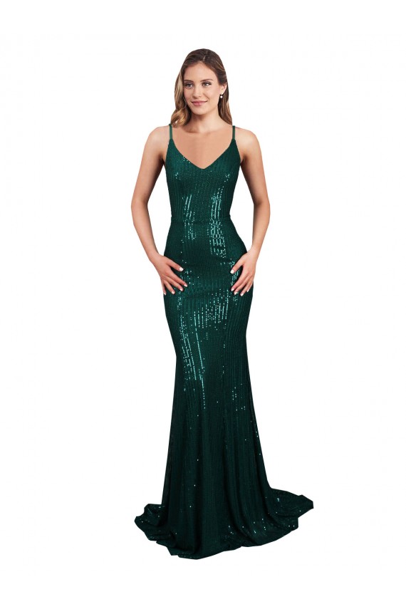 Verde Scuro Stile sirena Scollatura a V Paillettes Lunga Formali Abiti da damigella donore / Abiti da sera / Abiti da ballo Basso Prezzo