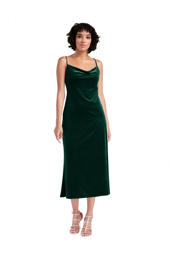 Verde Scuro Tubino Cappuccio Midi Velluto Elastico Corto Abiti da damigella donore / Abiti da sera / Abiti da cocktail Basso Prezzo