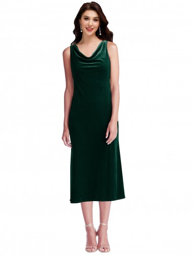 Verde Scuro Tubino Cappuccio Midi Velluto Elastico Corto Abiti da damigella donore / Abiti da ballo / Abiti da cocktail Basso Prezzo