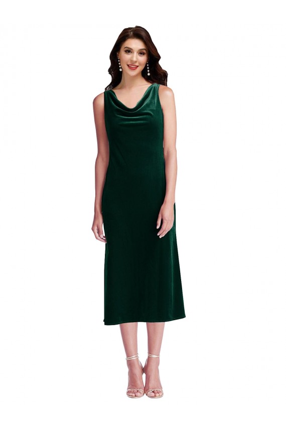 Verde Scuro Tubino Cappuccio Midi Velluto Elastico Corto Abiti da damigella donore / Abiti da ballo / Abiti da cocktail Basso Prezzo