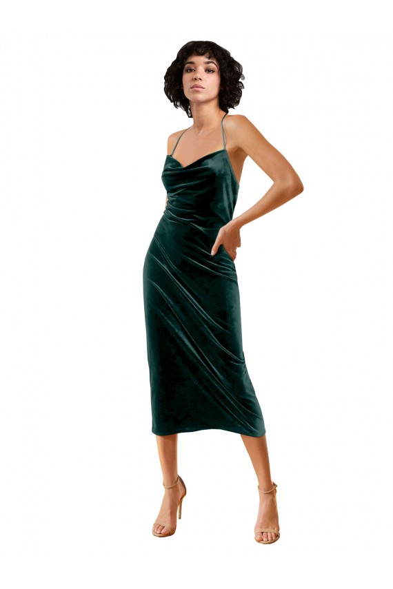 Verde Scuro Tubino Sottili Cappuccio Midi Velluto Elastico Corto Abiti da damigella donore / Abiti da sera / Abiti da cocktail Basso Prezzo