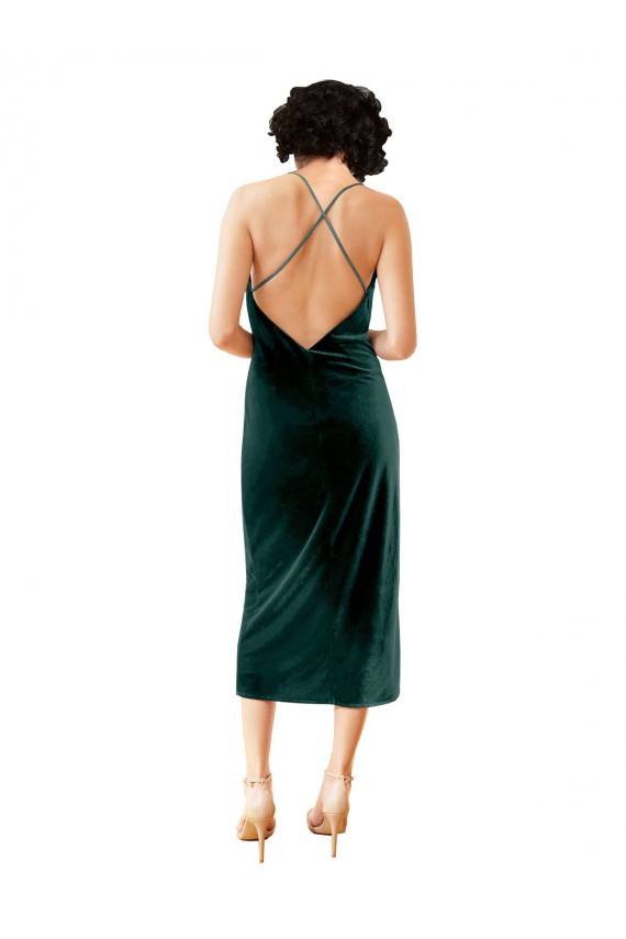 Verde Scuro Tubino Sottili Cappuccio Midi Velluto Elastico Corto Abiti da damigella donore / Abiti da sera / Abiti da cocktail Basso Prezzo