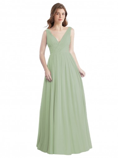 Verde fumo Linea A Scollatura a V Chiffona Lunga Abiti da damigella donore Basso Prezzo