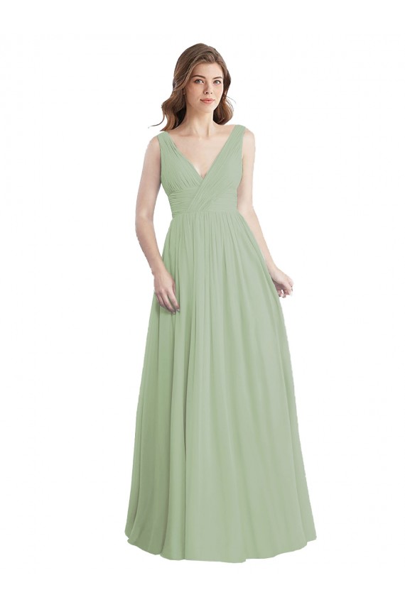 Verde fumo Linea A Scollatura a V Chiffona Lunga Abiti da damigella donore Basso Prezzo