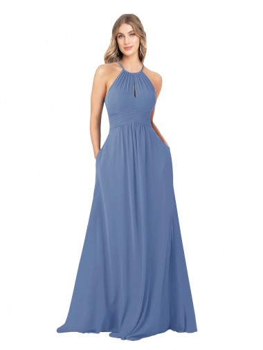 Windsor Blu Linea A Alto Collo Chiffona Lunga Abiti da damigella donore Basso Prezzo