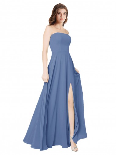 Windsor Blu Linea A Senza spalline Chiffona Lunga Abiti da damigella donore Basso Prezzo
