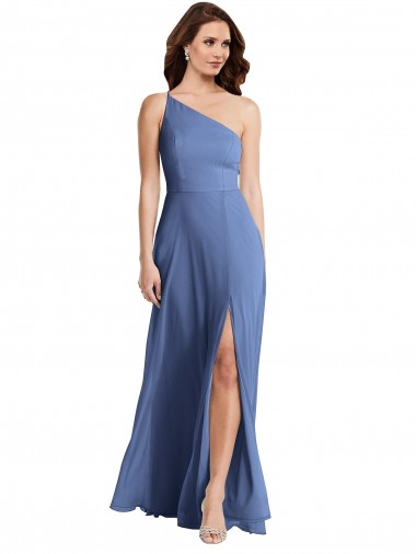 Windsor Blu Linea A Una spalla Chiffona Lunga Formali Abiti da damigella donore / Abiti da sera Basso Prezzo