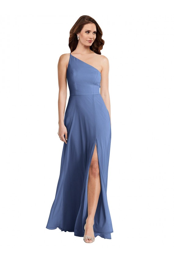 Windsor Blu Linea A Una spalla Chiffona Lunga Formali Abiti da damigella donore / Abiti da sera Basso Prezzo
