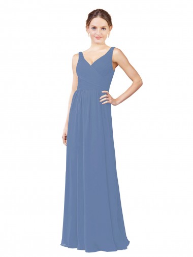Windsor Blu Tubino Scollatura a V Chiffona Lunga Abiti da damigella donore Basso Prezzo